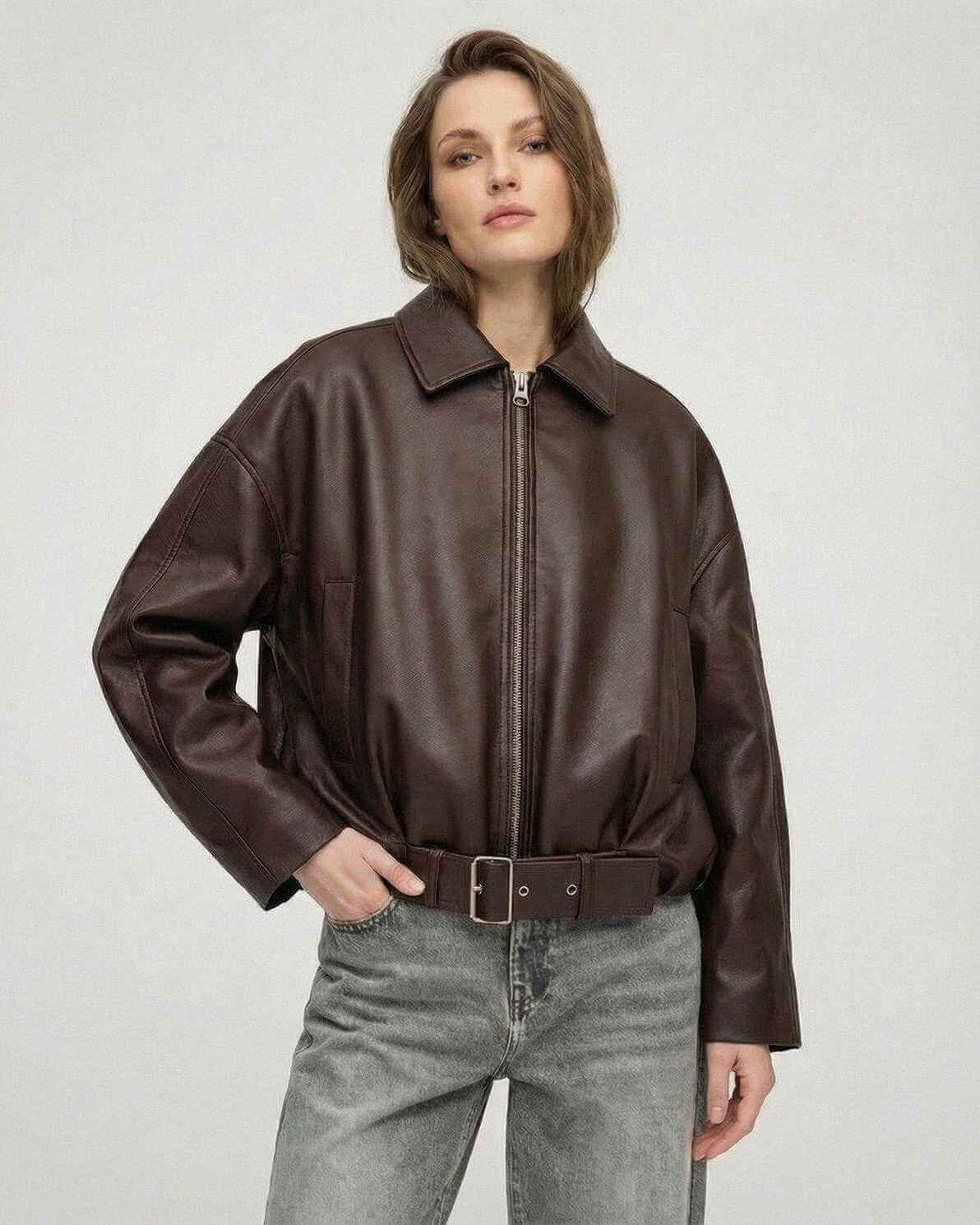 Lauven Brown Belted Jacket – Women’s oversized zip jacket with structured lapel and leather-look texture.