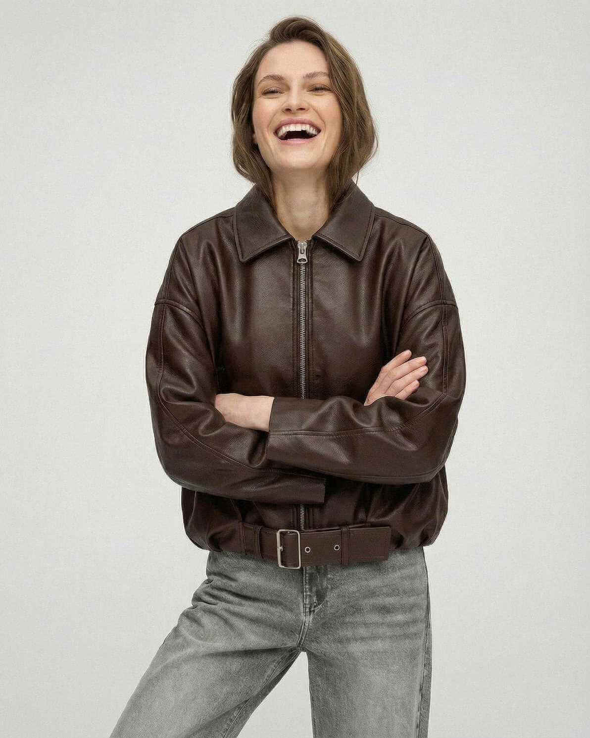 Brown Belted Jacket by Lauven – Women's oversized zip jacket with a structured look and smooth leather texture.