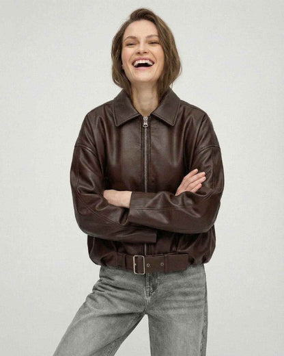 Brown Belted Jacket by Lauven – Women's oversized zip jacket with a structured look and smooth leather texture.