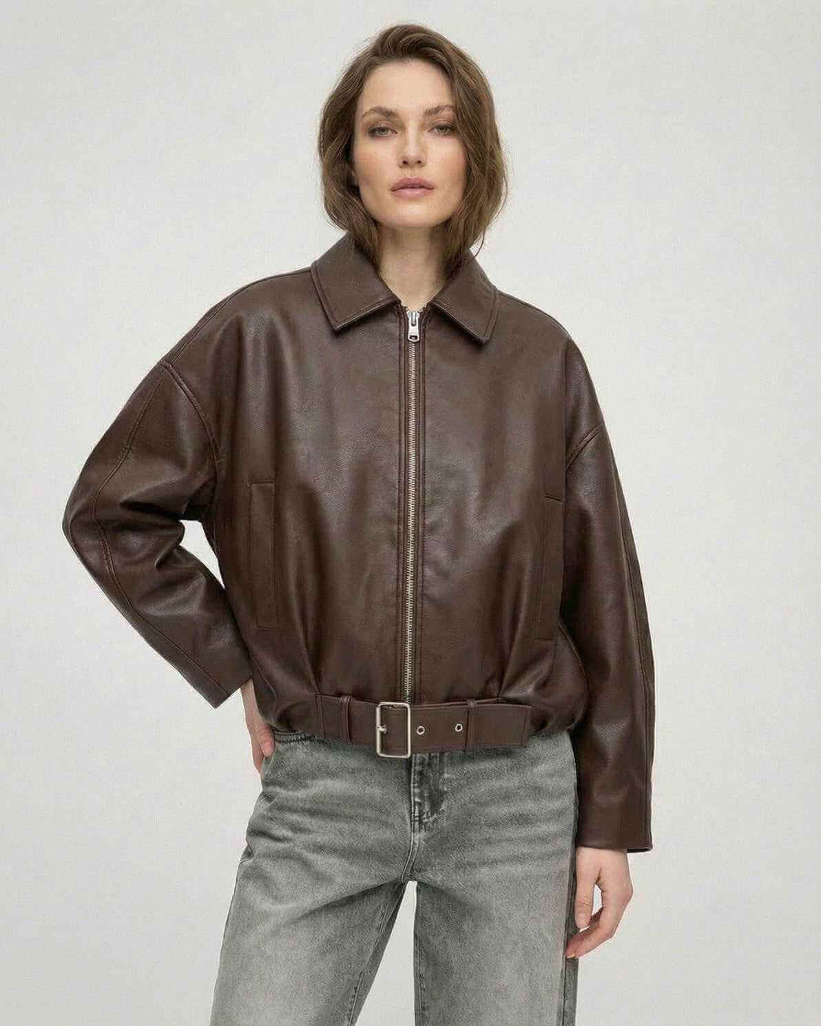 Brown Belted Jacket by Lauven - Women’s oversized zip jacket with structured lapel and smooth leather-look texture.