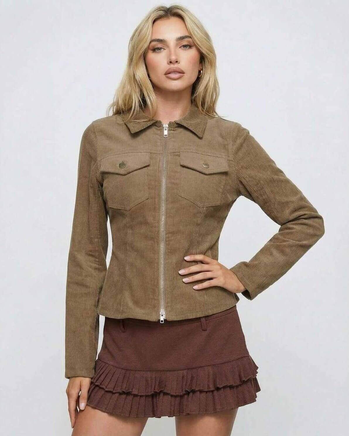 Brown Zip Jacket by Lauven on model, showcasing a slim fit design with a classic lapel collar.