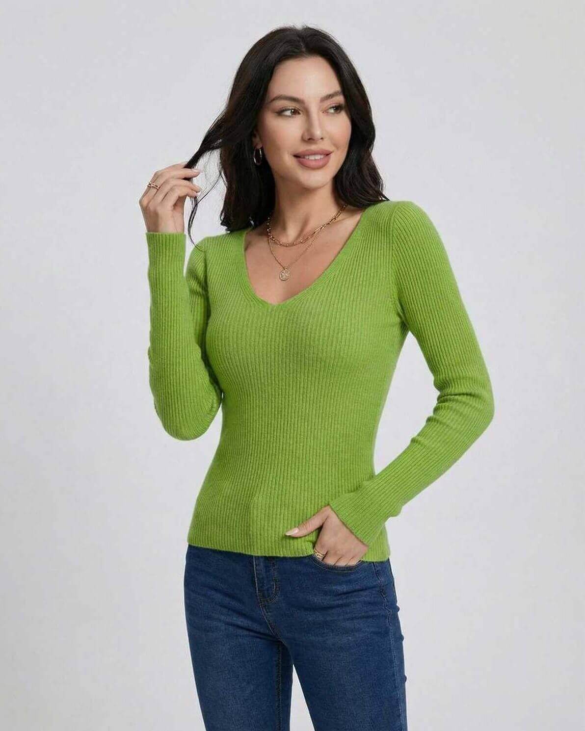 Verona Pullover by Lauven in vibrant green, women's slim fit V-neck long sleeve sweater, perfect for casual or workwear.