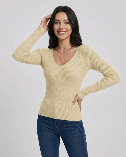 Valencia Pullover by Lauven – Women’s V-Neck Slim Fit Long Sleeve Sweater in soft ribbed knit.