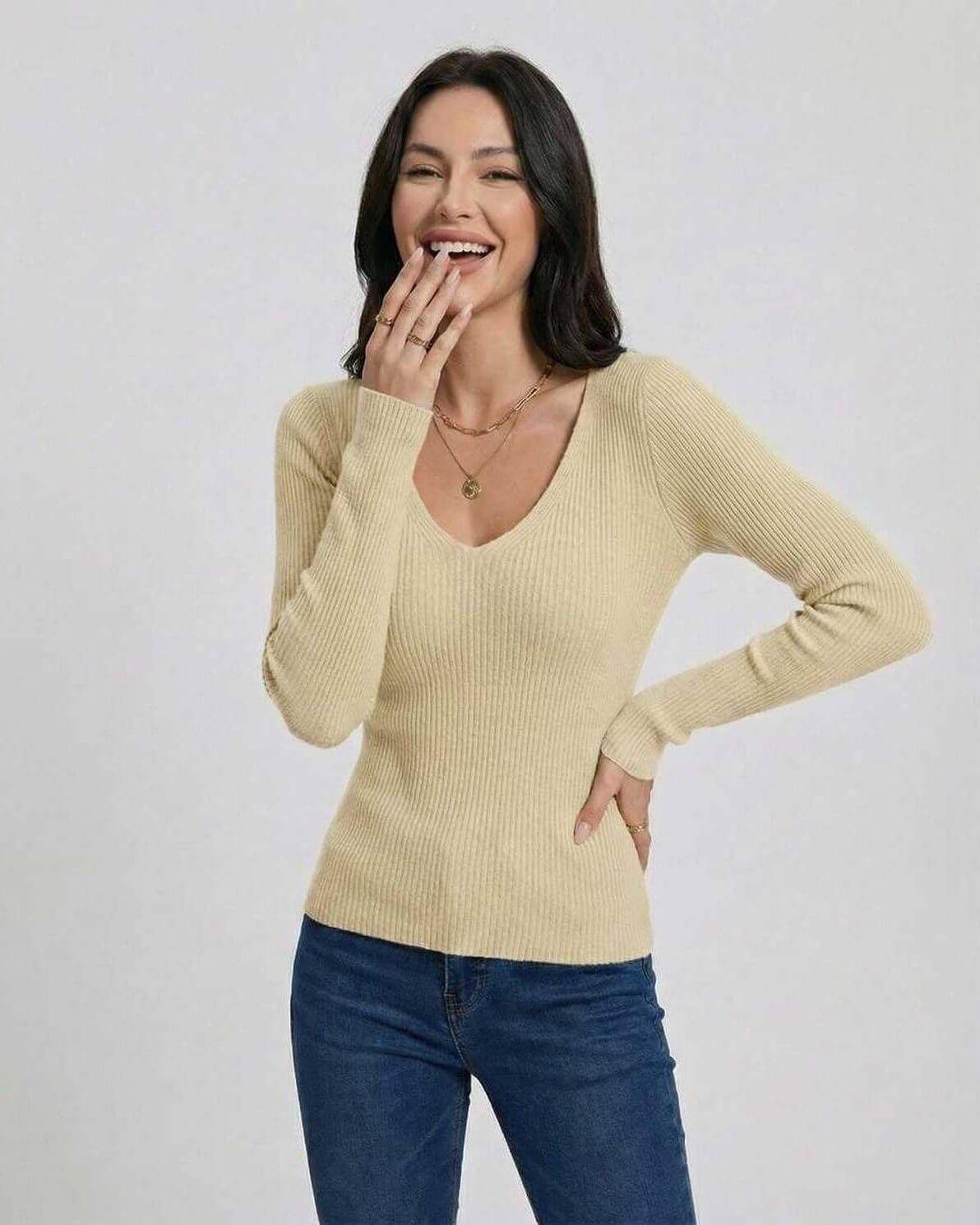 Valencia Pullover by Lauven – Women's V-Neck Slim Fit Sweater in beige, featuring long sleeves and ribbed texture.