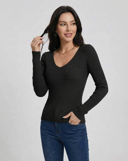 Monaco Pullover by Lauven, V-neck women's slim fit sweater in black, showcasing long sleeves and ribbed texture.