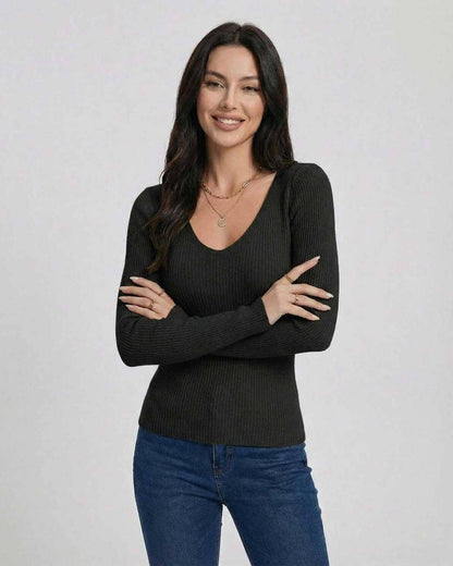 Monaco Pullover by Lauven – Women’s V-Neck Slim Fit Sweater in Black with Long Sleeves and Ribbed Texture