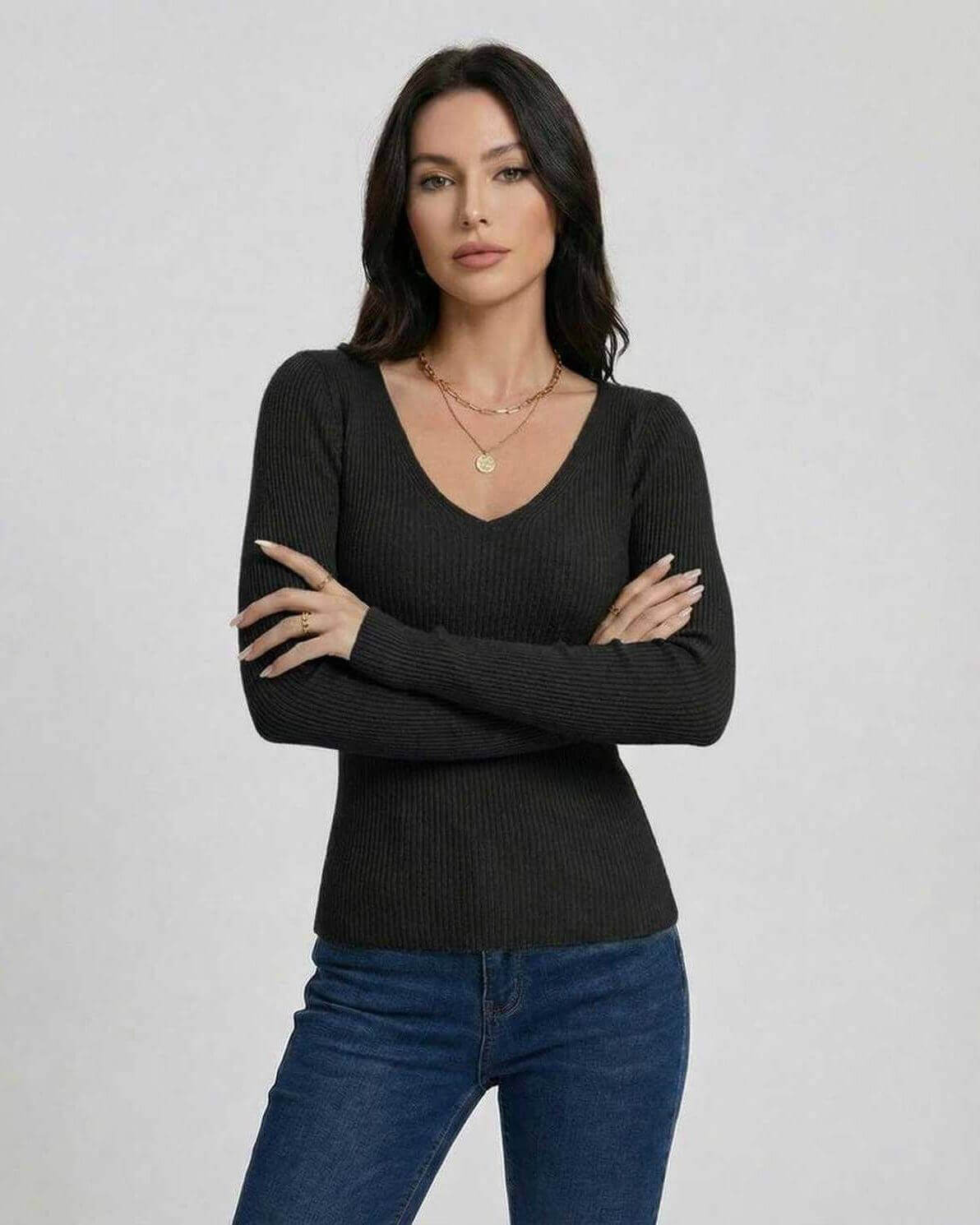 Monaco Pullover by Lauven, women's V-neck long sleeve sweater in ribbed black fabric, perfect for versatile styling.