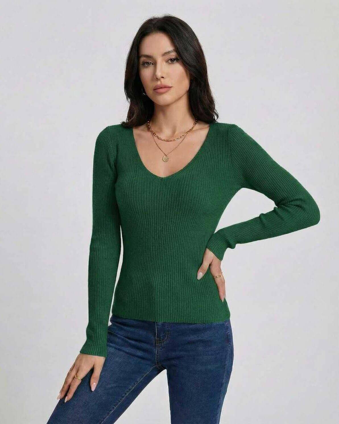 Siena Pullover by Lauven – Women's green V-neck slim fit pullover sweater with long sleeves.