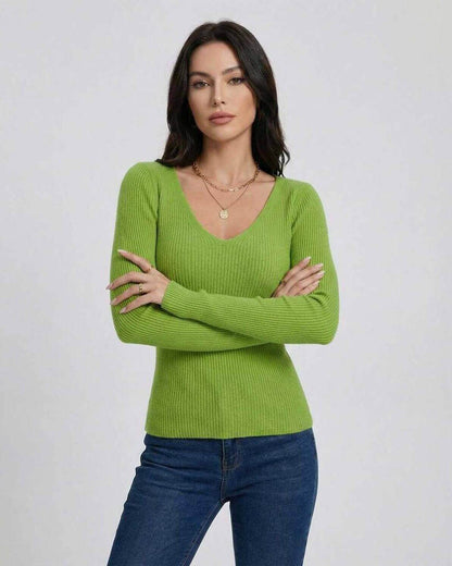 Verona Pullover by Lauven – Women’s V-neck slim fit sweater in vibrant green with long sleeves.