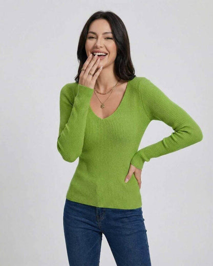 Verona Pullover by Lauven - Women's V-Neck Slim Fit Sweater in vibrant green, perfect for casual or workwear styling.