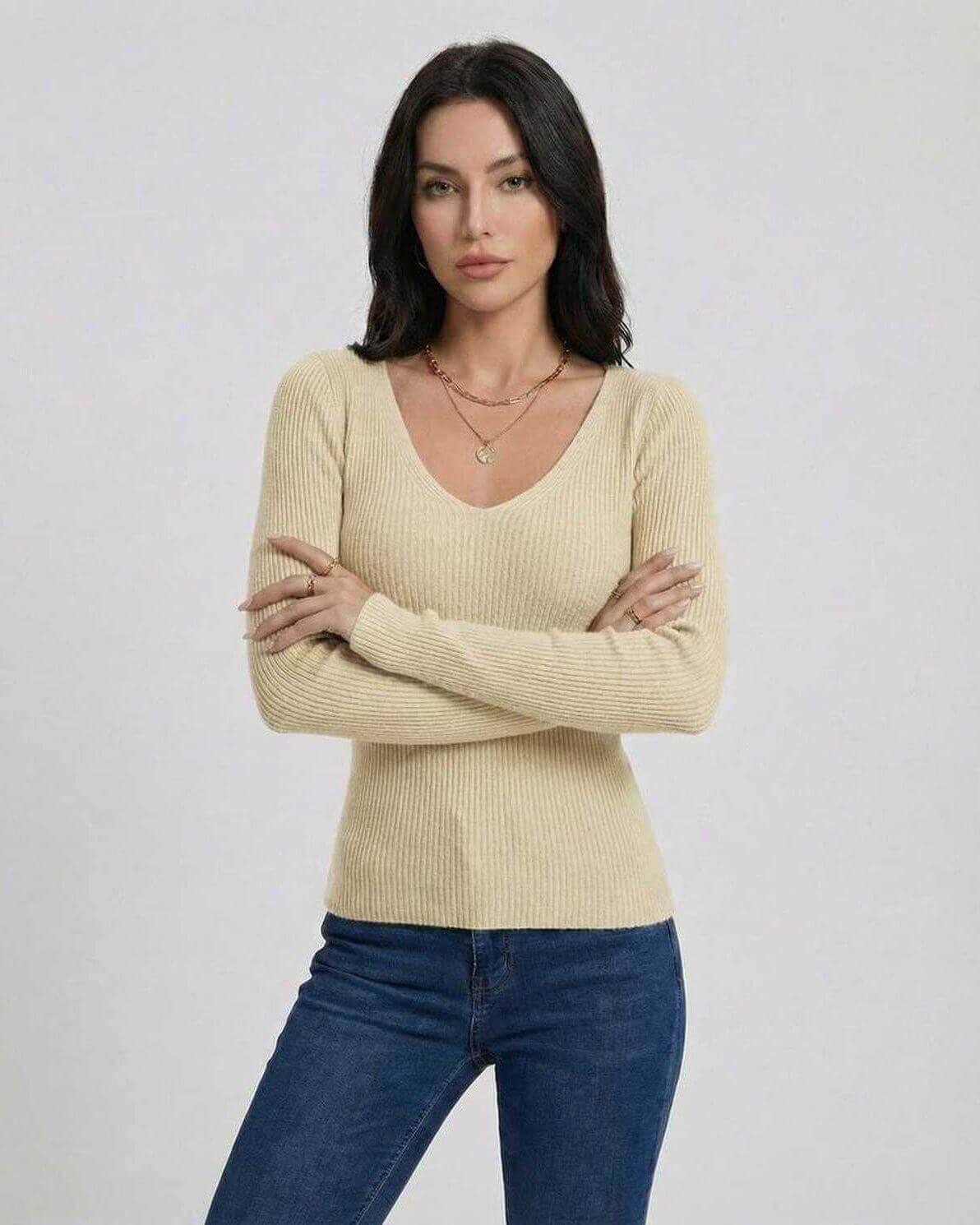Valencia Pullover by Lauven - Women’s V-Neck Slim Fit Sweater in beige with long sleeves.
