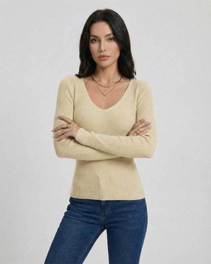 Valencia Pullover by Lauven - Women’s V-Neck Slim Fit Sweater in beige with long sleeves.