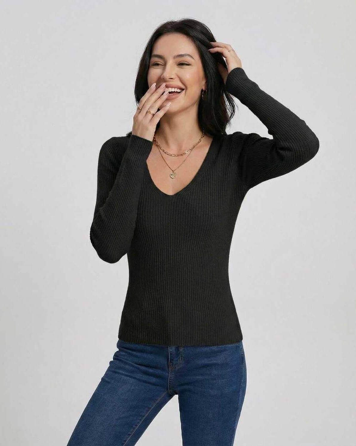 Monaco Pullover by Lauven – Women’s V-Neck Slim Fit Sweater in Black, perfect for elevated everyday wear.