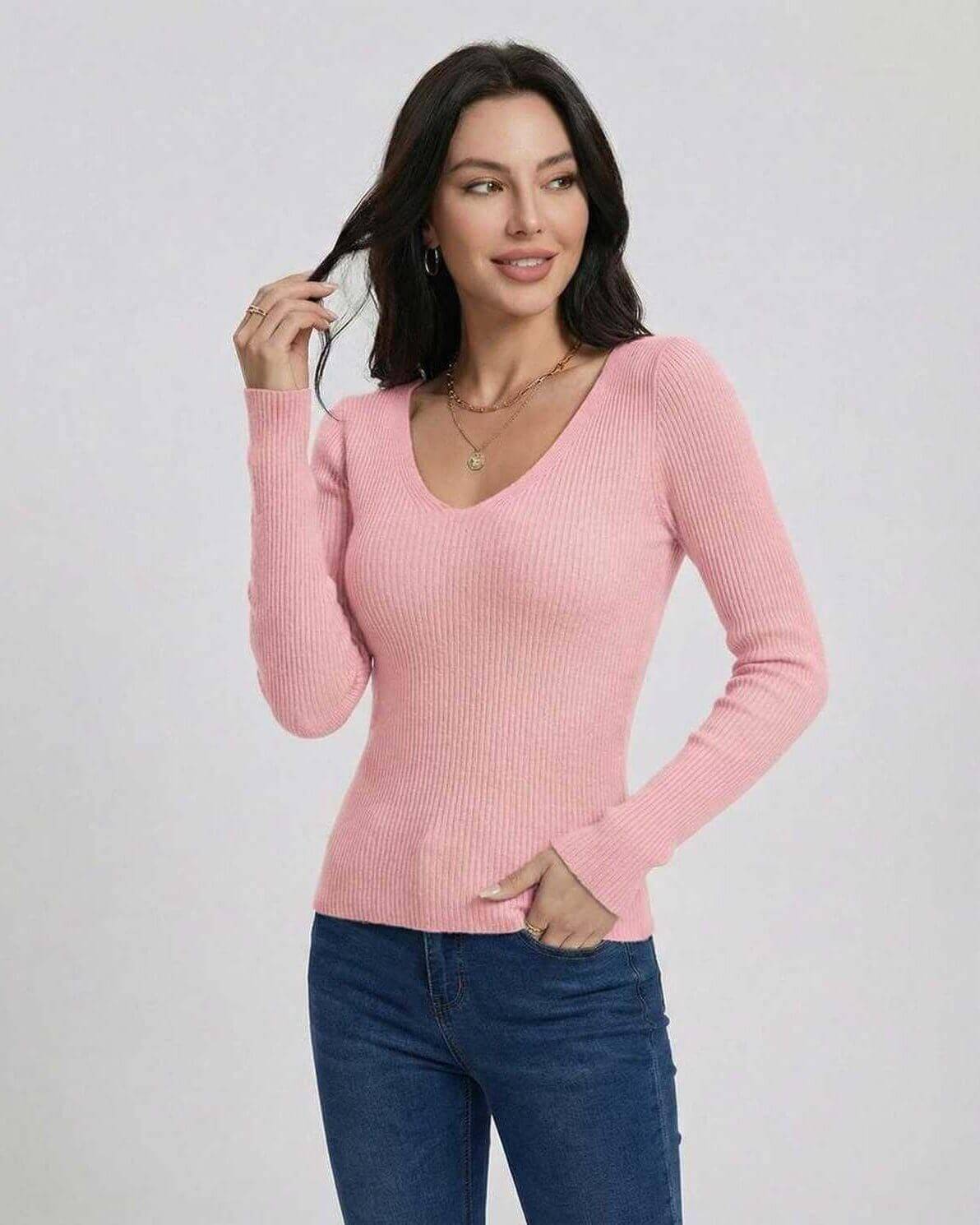 Florence Pullover by Lauven – Women’s V-Neck Slim Fit Sweater in soft pink with long sleeves and ribbed texture.