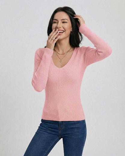 Florence Pullover by Lauven – Women’s V-Neck Slim Fit Sweater in Pink with Long Sleeves, ideal for casual and workwear.