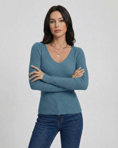 Azure Pullover by Lauven – Women's V-Neck Slim Fit Sweater in Blue