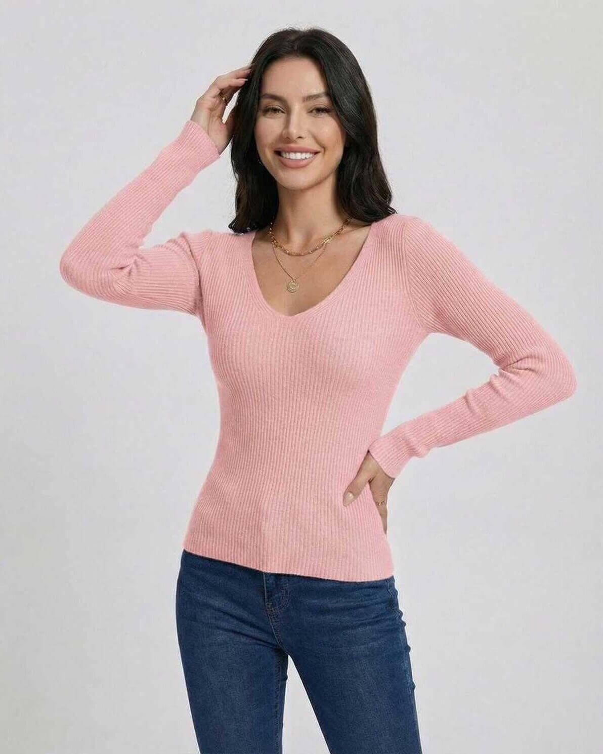 Florence Pullover by Lauven – Women’s V-Neck Long Sleeve Sweater in Pink, featuring a slim fit and ribbed texture.