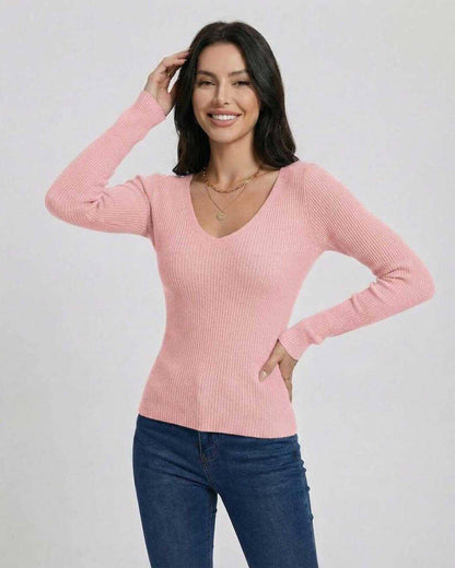 Florence Pullover by Lauven – Women’s V-Neck Long Sleeve Sweater in Pink, featuring a slim fit and ribbed texture.