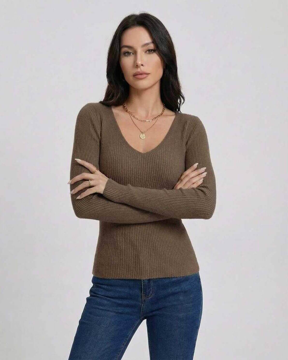 Espresso Pullover by Lauven - Women’s V-Neck Slim Fit Long Sleeve Sweater in ribbed texture.