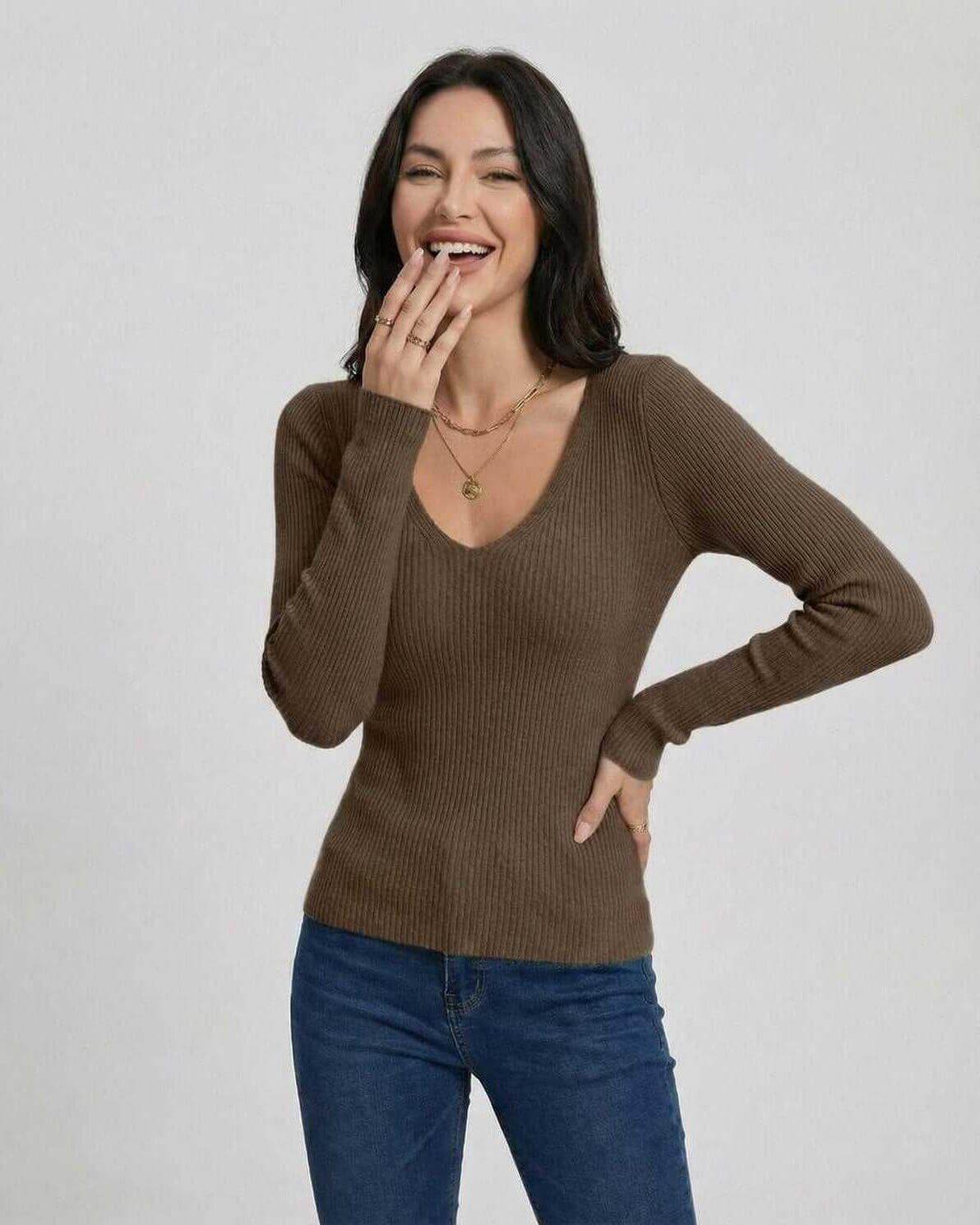 Espresso Pullover by Lauven, women's V-neck pullover sweater with slim fit and long sleeves, perfect for casual and workwear.