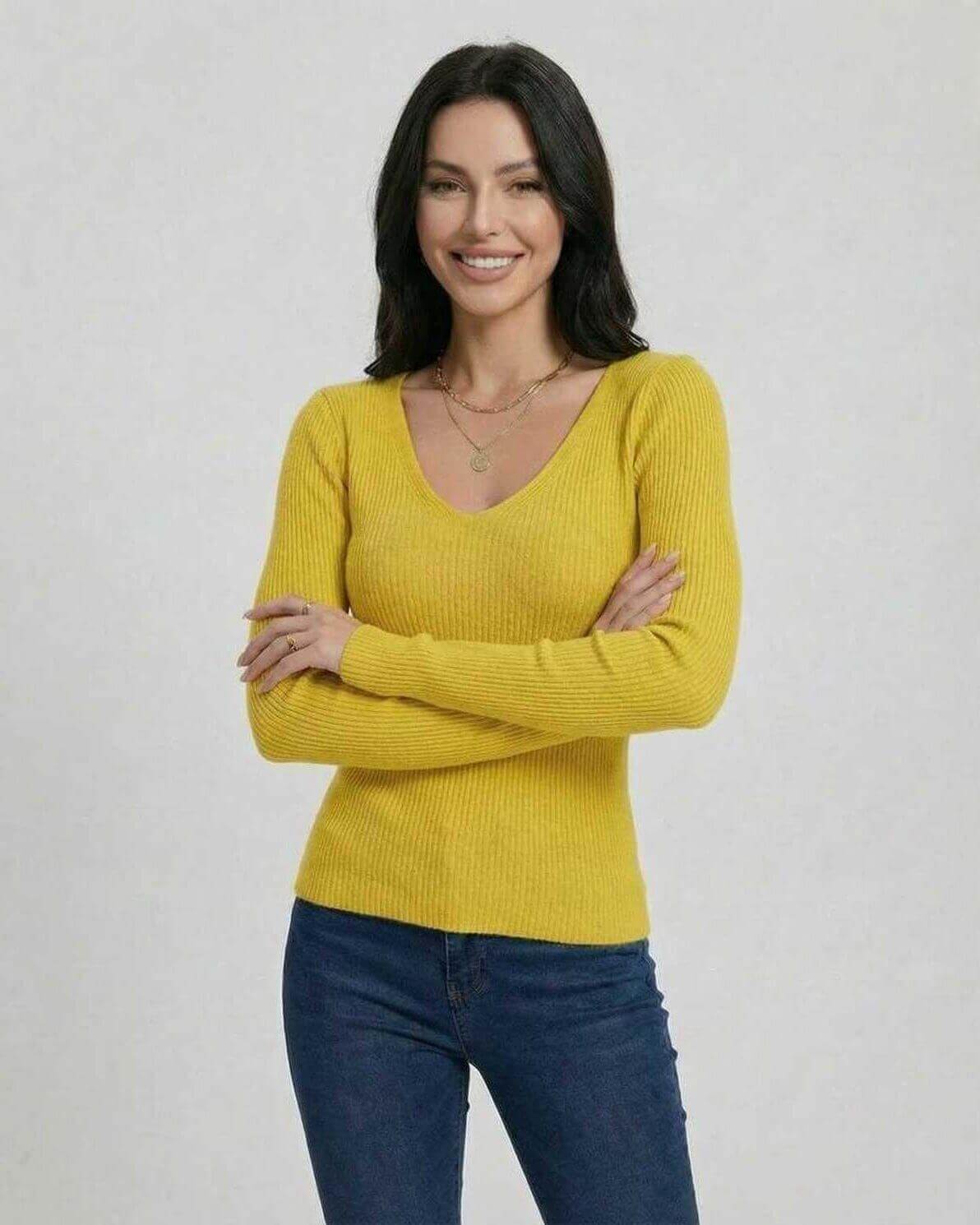 Lauven Sunbeam Pullover - Women’s V-Neck Slim Fit Sweater in vibrant yellow, ideal for casual and stylish looks.