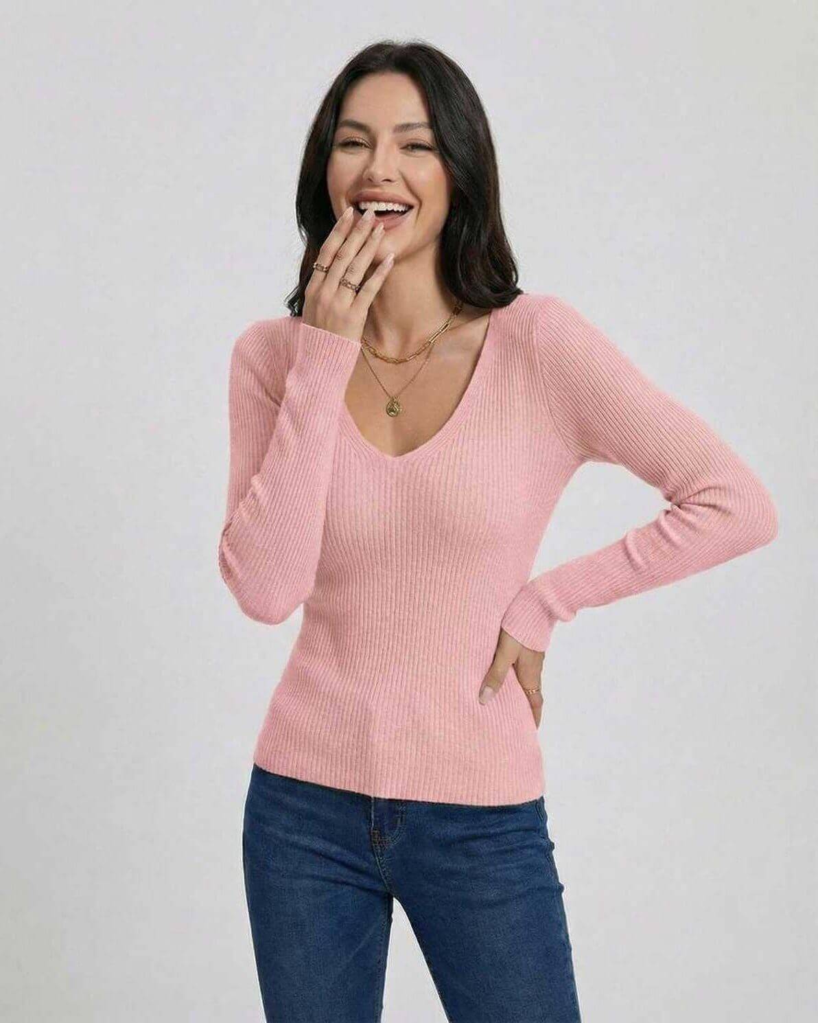 Florence Pullover by Lauven in soft pink, featuring a V-neck and long sleeves for a sleek, polished look.