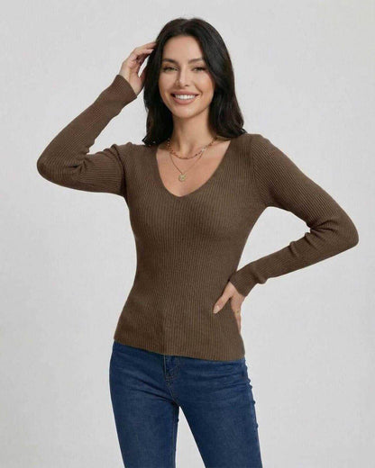 Espresso Pullover - Women’s V-Neck Pullover Sweater by Lauven, Slim Fit and Long Sleeve, Ideal for Casual and Workwear
