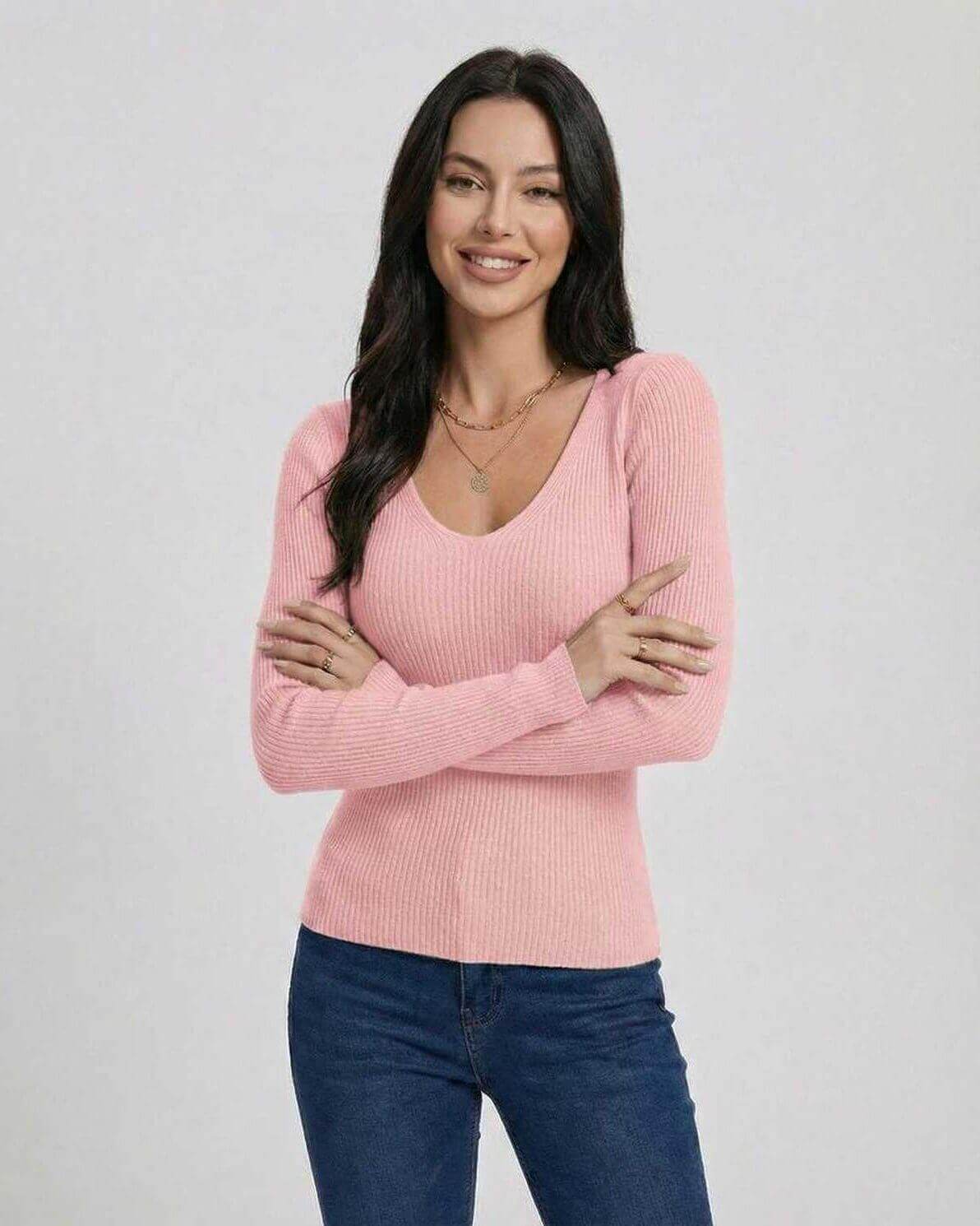 Florence Pullover by Lauven - Women’s pink V-neck pullover sweater, slim fit, long sleeves, elegant style.