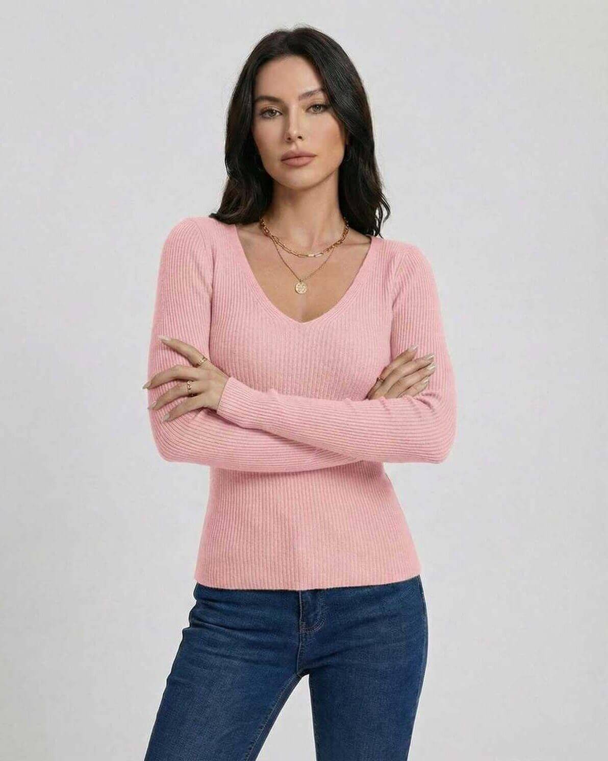 Florence Pullover by Lauven – Women’s V-neck pullover sweater in soft pink with slim fit and long sleeves.