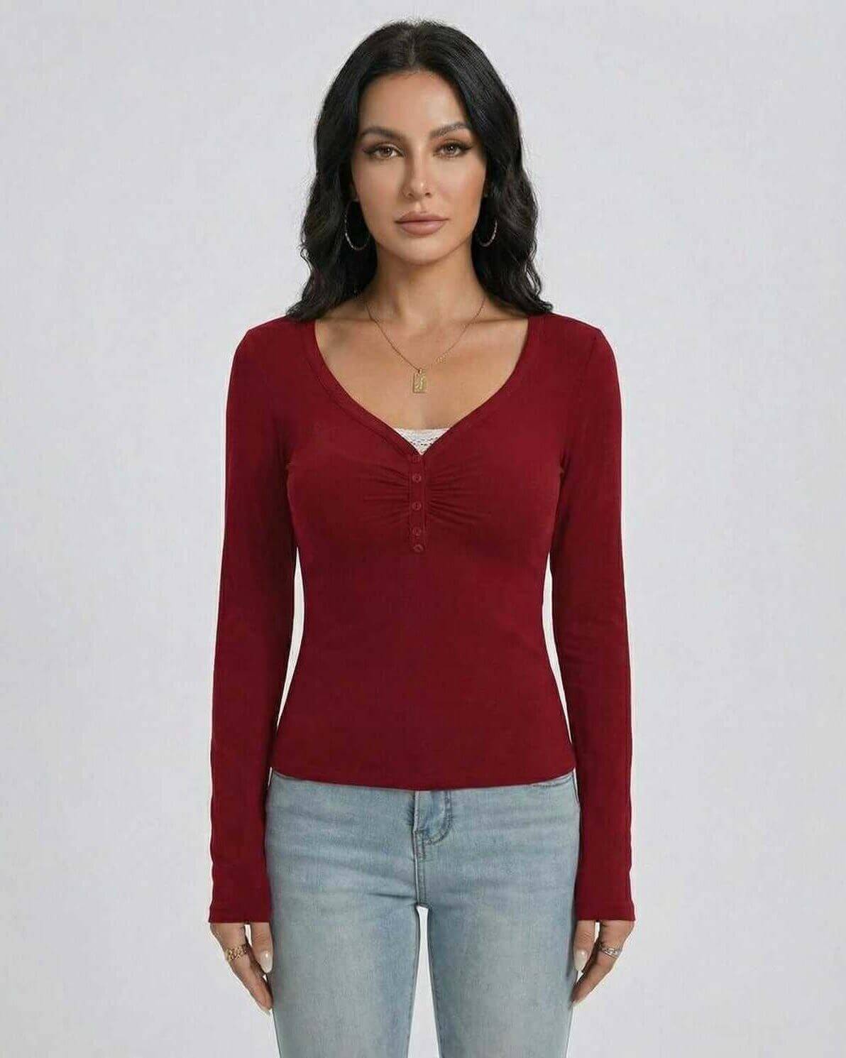 Women’s Sienna Pullover by Lauven, slim fit V-neck long sleeve top with button detail in red.