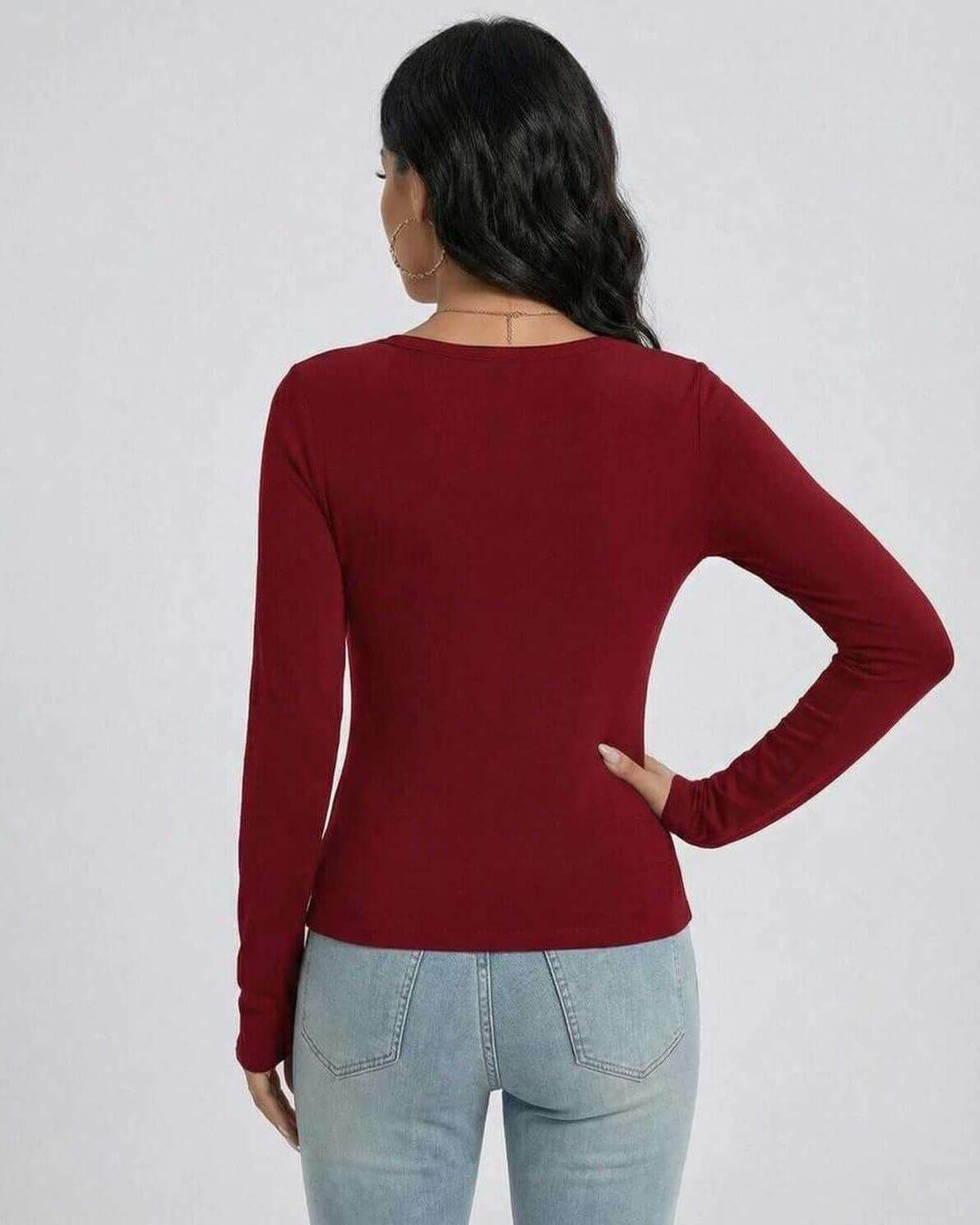Back view of the Sienna Pullover from Lauven, a women’s slim fit V-neck long sleeve top in burgundy.
