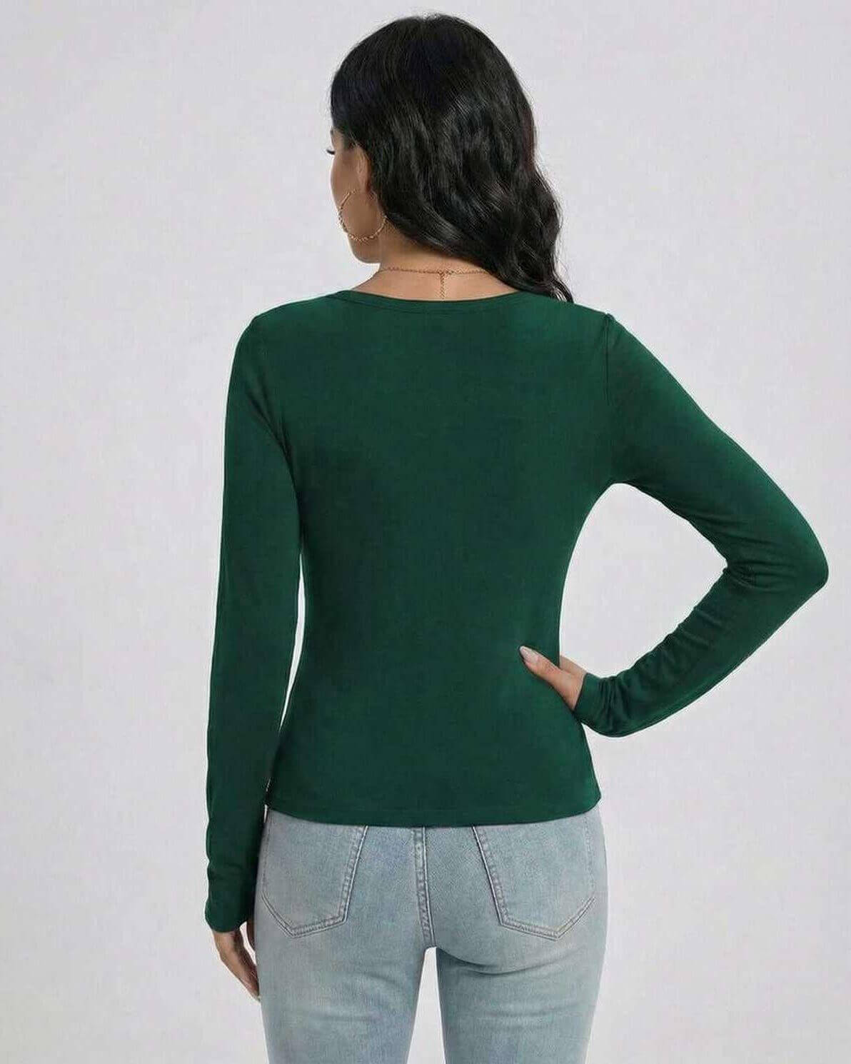 Back view of a woman wearing the Lauven Emerald Pullover, a green slim fit V-neck long sleeve sweater.