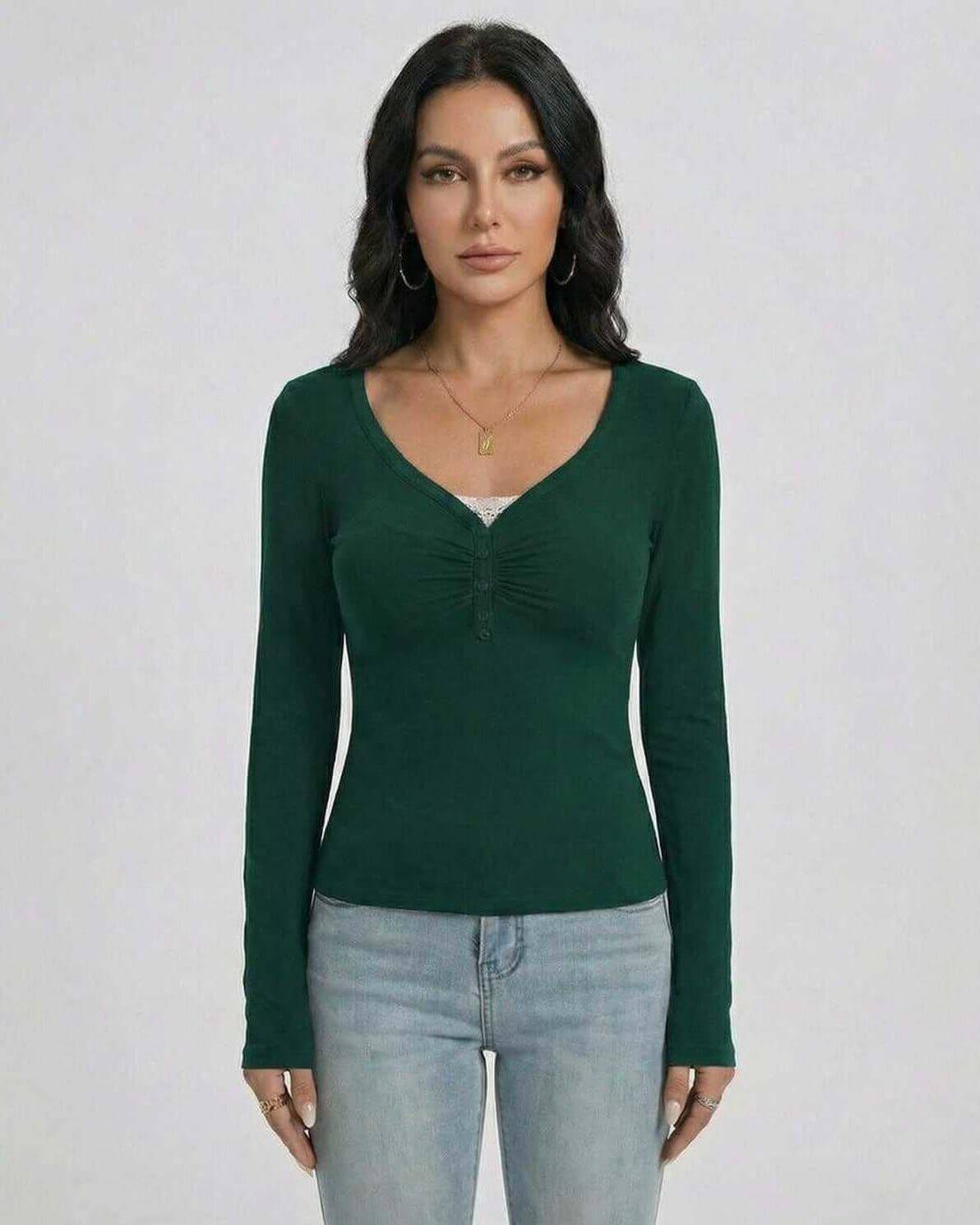 Emerald Pullover by Lauven – Women's Slim Fit V-Neck Long Sleeve Pullover with Button Detail in dark green.