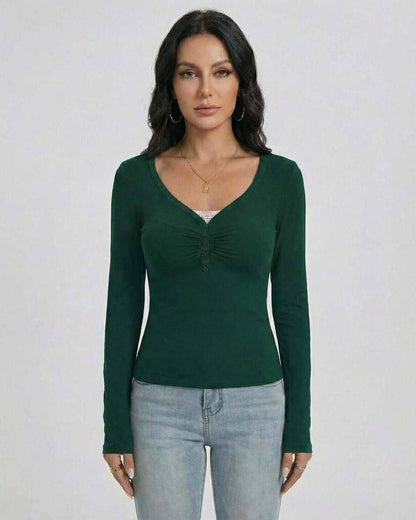 Emerald Pullover by Lauven – Women's Slim Fit V-Neck Long Sleeve Pullover with Button Detail in dark green.