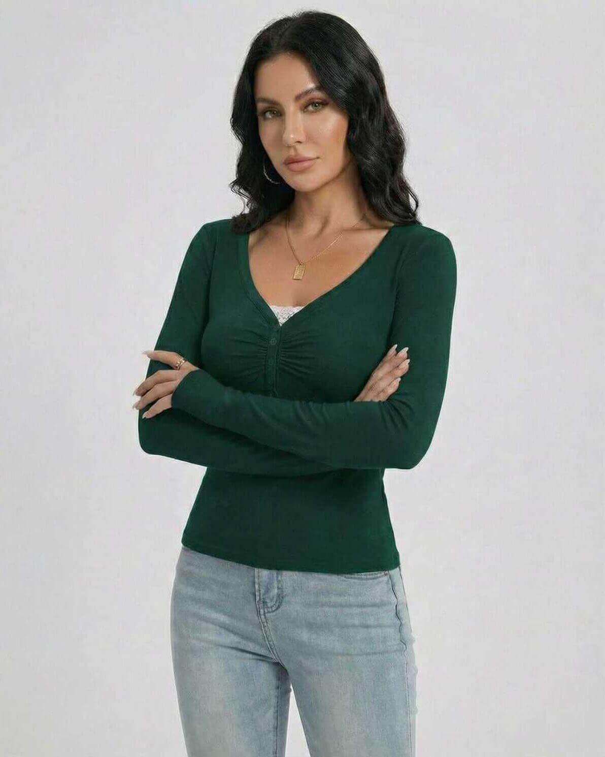 Emerald Pullover by Lauven – Women’s Slim Fit V-Neck Long Sleeve Pullover with Button Detail in green.