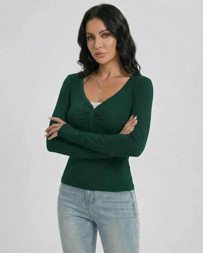 Emerald Pullover by Lauven – Women’s Slim Fit V-Neck Long Sleeve Pullover with Button Detail in green.