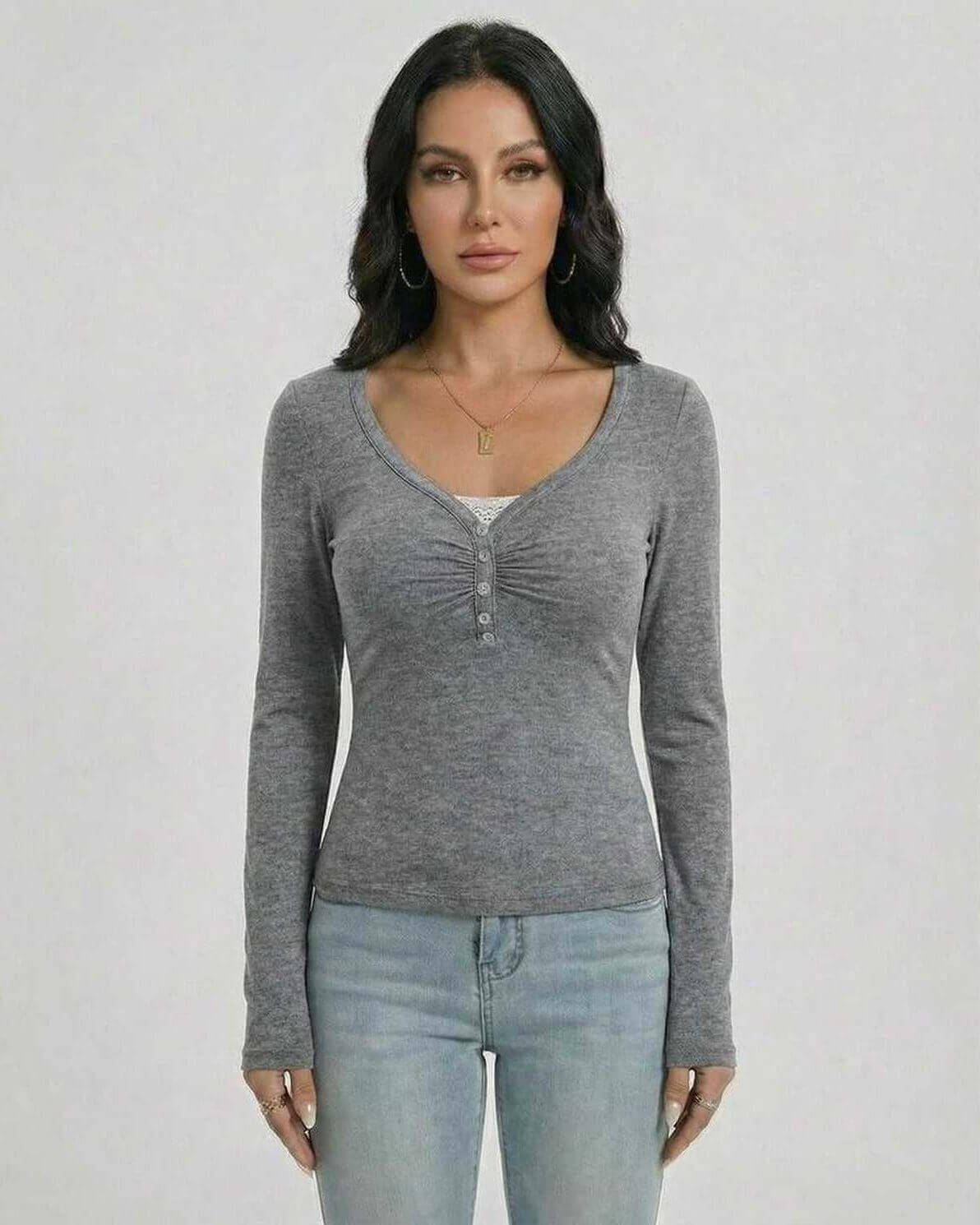 Sterling Pullover by Lauven – Women's slim fit V-neck long sleeve pullover with button detail in gray.