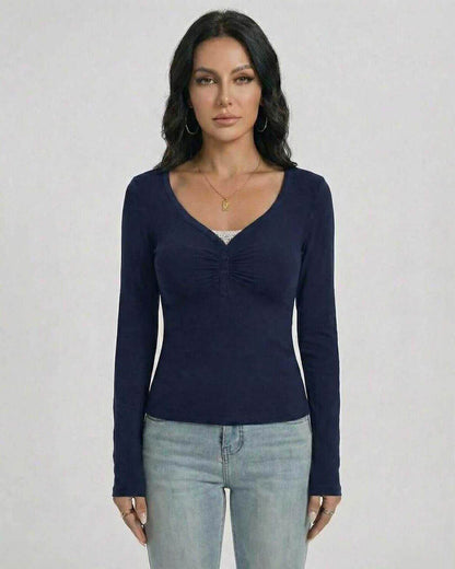 Monaco Pullover by Lauven - Women’s Slim Fit V-Neck Long Sleeve Pullover with Button Detail in Navy.