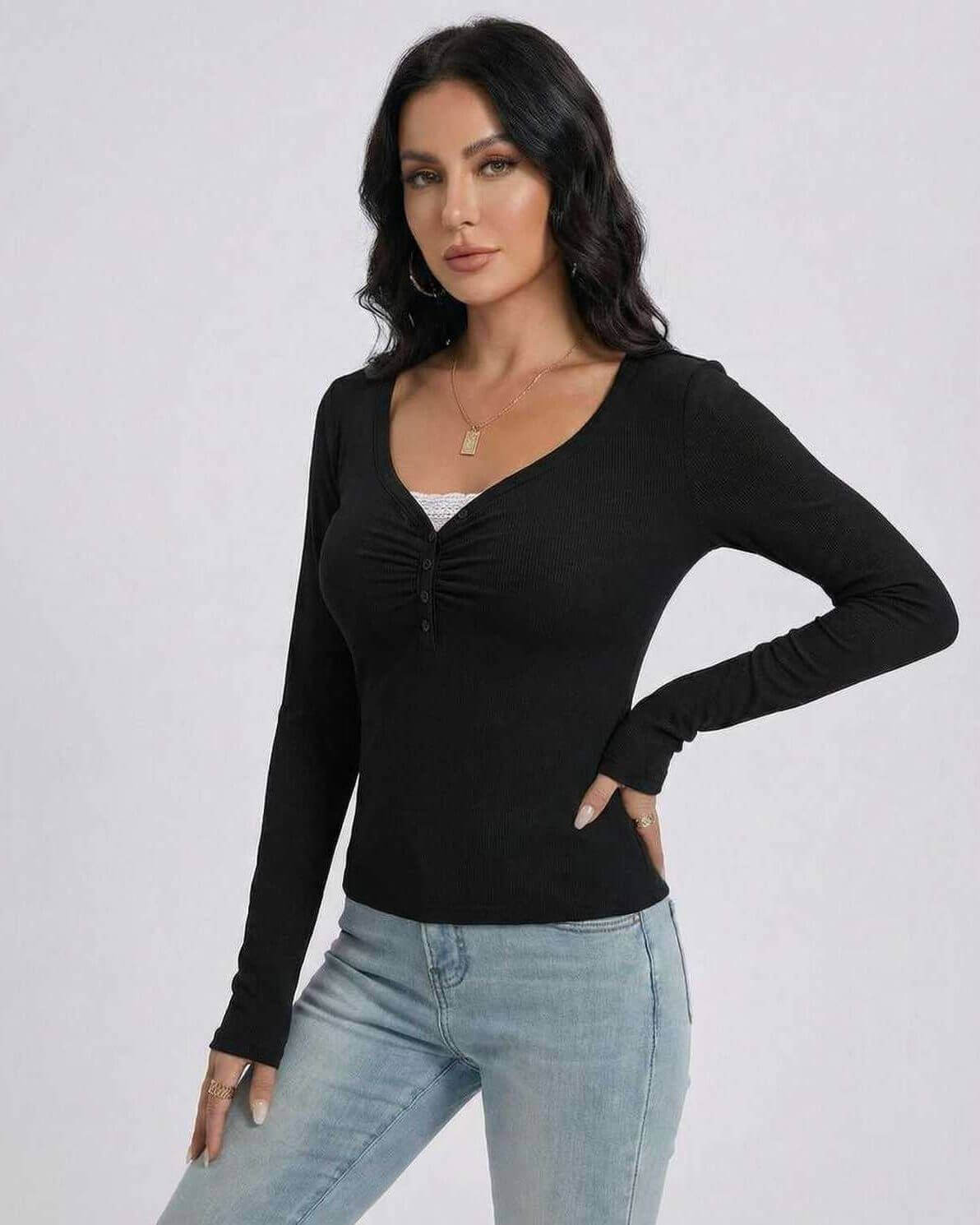 Noir Pullover by Lauven - Women’s Slim Fit V-Neck Long Sleeve with Button Detail.