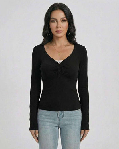 Noir Pullover by Lauven – Women’s Slim Fit V-Neck Long Sleeve Pullover with Button Detail