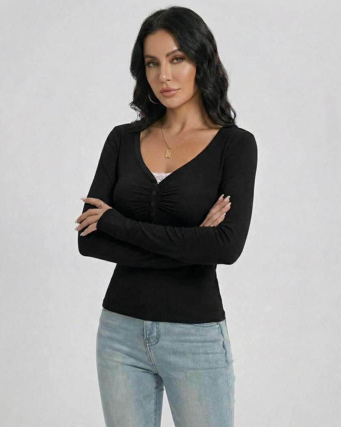 Noir Pullover by Lauven - Women’s slim fit V-neck long sleeve pullover with button detail in black.