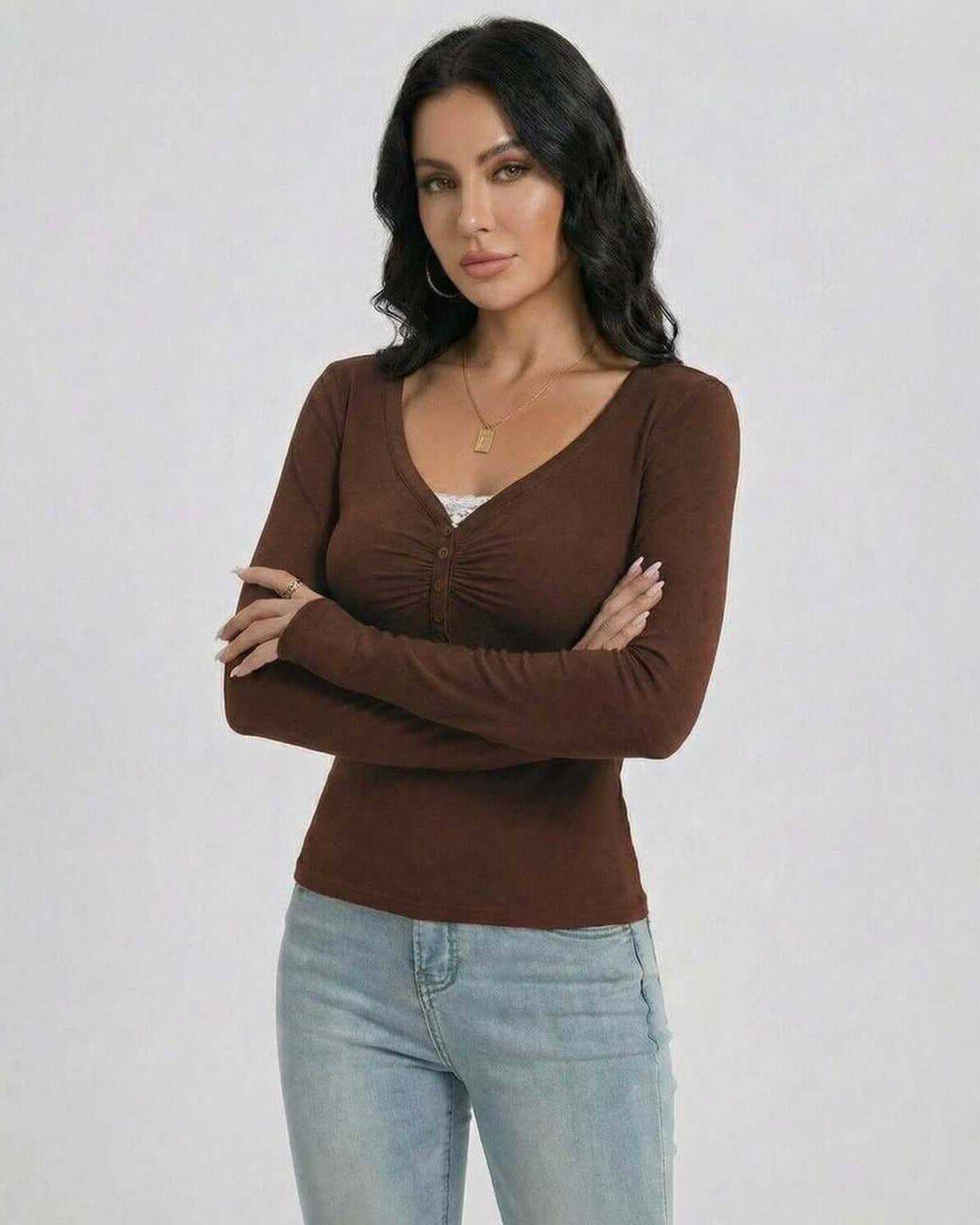 Lauven Mocha Pullover – Women's Slim Fit V-Neck Long Sleeve with Button Detail, styled casually.