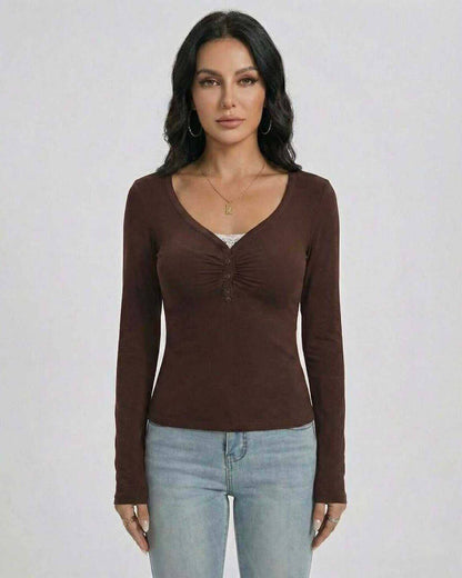 Mocha Pullover by Lauven – Women’s Slim Fit V-Neck Long Sleeve Pullover with Button Detail