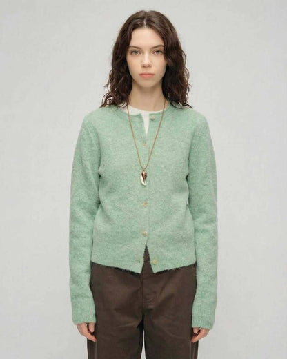 Sage Cardigan by Lauven – Women's green cardigan sweater with round neck and button front.