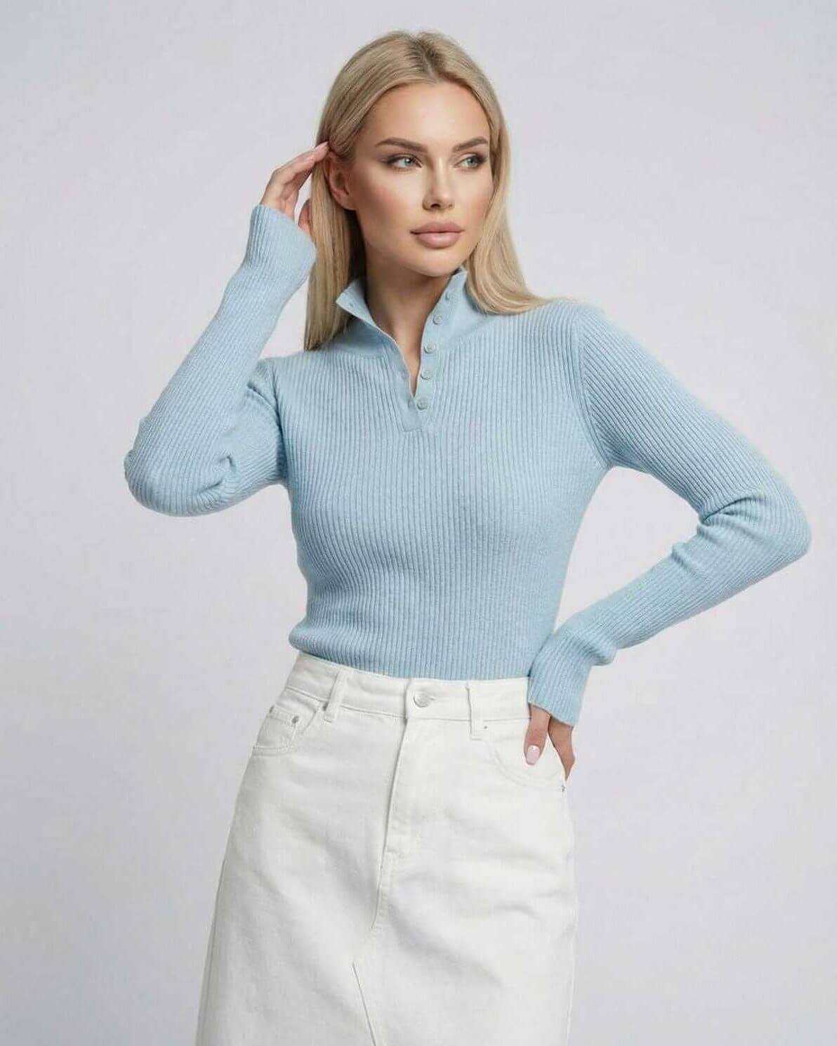 Arden Long Sleeve - Women’s blue long sleeve shirt in ribbed knit by Lauven featuring a button collar.