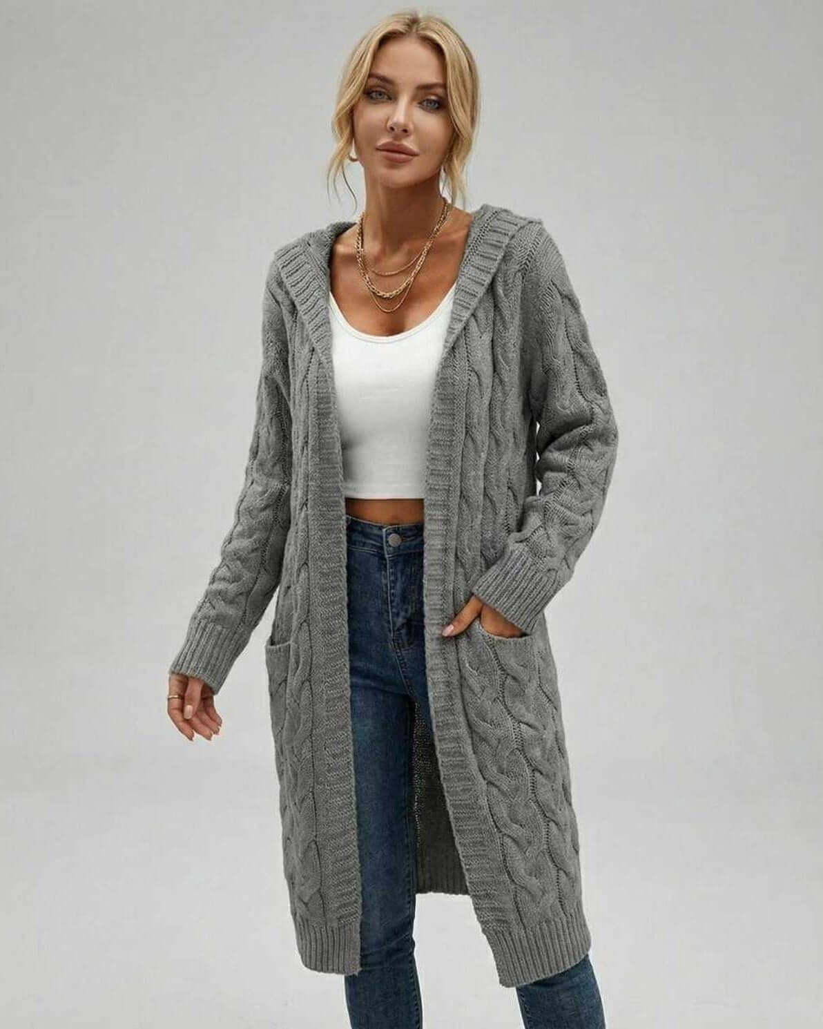 Aspen Cardigan by Lauven – Women’s cable knit cardigan sweater in gray, perfect for fall and winter layering.