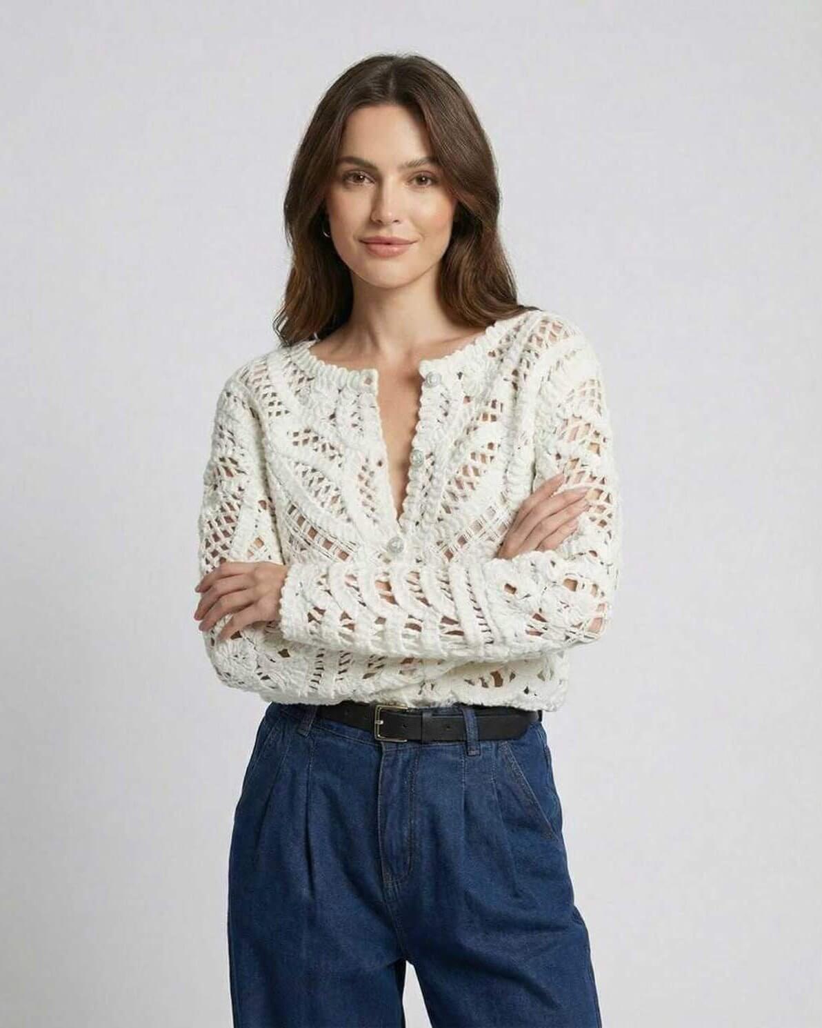 Valencia Cardigan by Lauven - Women's white crochet knit cardigan sweater with intricate texture and stylish design.