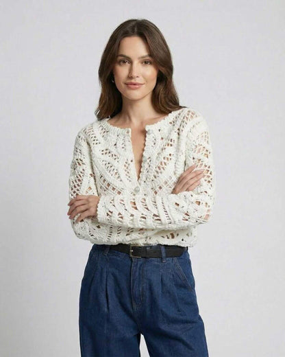 Valencia Cardigan by Lauven - Women's white crochet knit cardigan sweater with intricate texture and stylish design.