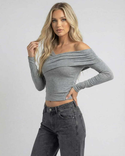 Elara Long Sleeve - Stylish gray off-the-shoulder top by Lauven, featuring a slim fit and cold shoulder design.