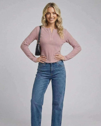 Arden Long Sleeve - Women's long sleeve henley top in dusty rose by Lauven, featuring a button placket and slim fit.